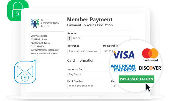 Personalized member payment page accepting visa, american express, mastercard, discover